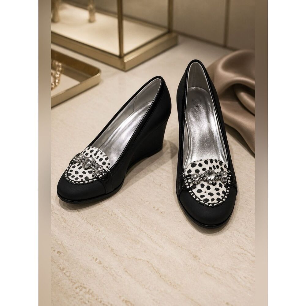 Black suede with pony suede and jewels pumps NWT
